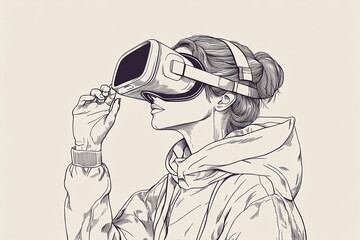 Naklejka premium Vector illustration of fashion figure exploring virtual reality, simple line art.