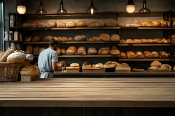 Naklejka premium Empty Wooden Table Against Bread Bakery Backdrop