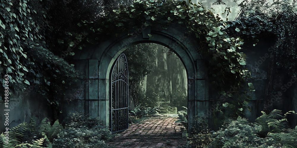 Poster mysterious archway to forest path