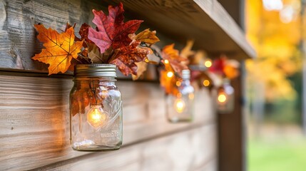 A cozy display of mason jars with warm lights and colorful autumn leaves, set against a wooden backdrop, creating a charming seasonal ambiance.