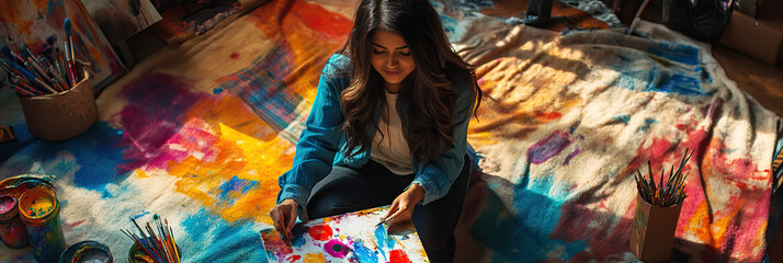 Young Hispanic woman sitting on a colorful throw blanket, surrounded by art supplies as she paints a vibrant abstract canvas.