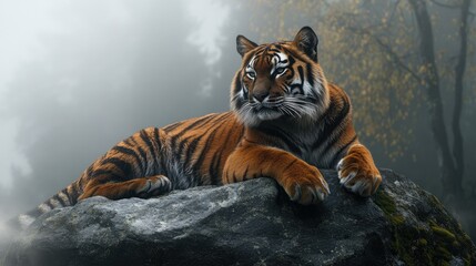 Obraz premium Muscular Cat Resting on a Rock in Misty Environment