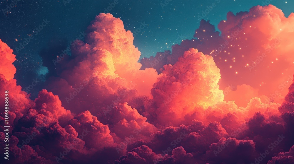 Poster dreamy sunset clouds with fiery hues and starry background, creating a serene atmosphere ideal for i