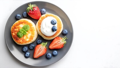 Enjoying delicious syrniki with sour cream and fresh berries for a delightful breakfast or brunch experience. Generative AI
