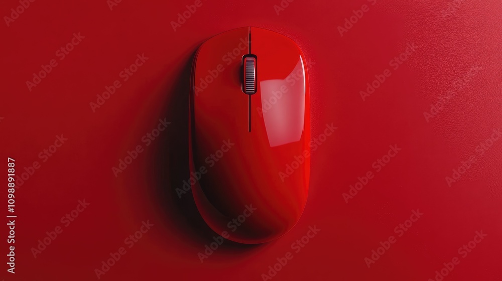 Poster A close-up view of a sleek red computer mouse against a bold crimson background, capturing the modern design and vibrant color contrast in a minimalistic style