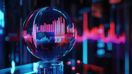 Holographic crystal sphere displaying vibrant stock market graphs and charts surrounded by neon blue and pink lighting effects