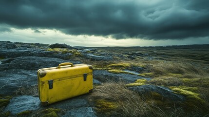 A lone yellow suitcase forgotten on a rocky landscape, surrounded by moss and grass, with a dramatic, stormy sky overhead, conveying feelings of abandonment