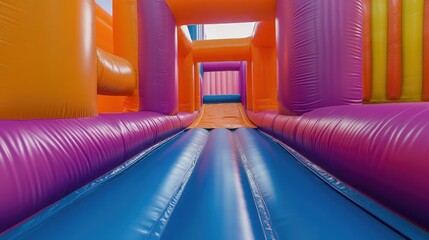 Brightly colored bounce house with orange trampoline, featuring vibrant pink and blue slides, designed for children's fun and play.