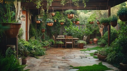 A rustic backyard terrace adorned with hanging copper pots overflowing with lush greenery, creating a serene, inviting space surrounded by nature