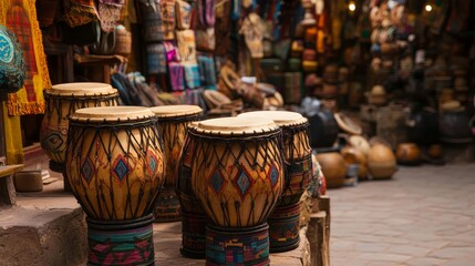 Obraz premium Vibrant traditional moroccan market showcasing a variety of colorful handcrafted drums