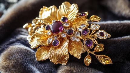 Fototapeta premium A stunning golden floral brooch with radiant gemstones and crystals, placed delicately on a plush surface, highlighting its intricate, luxurious details