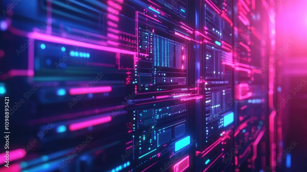 Poster futuristic 3d graphic showcasing vibrant neon server panels representing cloud computing and online 
