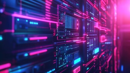 Futuristic 3D graphic showcasing vibrant neon server panels representing cloud computing and online data storage for advanced business networks.