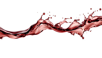 A dynamic splash of red wine in mid-air, forming elegant curves and droplets, isolated on a white or transparent background with rich colors and intricate details