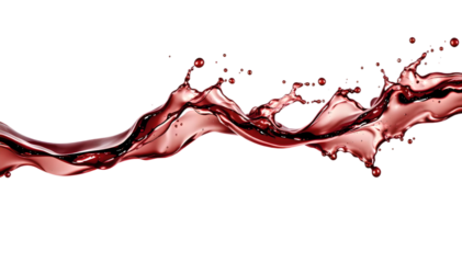 A dynamic splash of red wine in mid-air, forming elegant curves and droplets, isolated on a white or transparent background with rich colors and intricate details