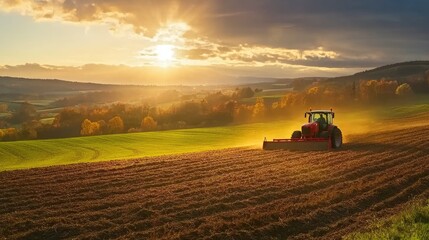 Fototapeta premium A tractor plowing an expansive autumn countryside field as the sun sets behind, casting beautiful golden light over the rural farming landscape