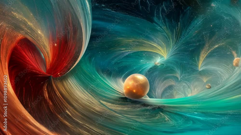 Poster golden spheres roll gracefully across a dynamic swirling surface with vibrant colors blending seamle