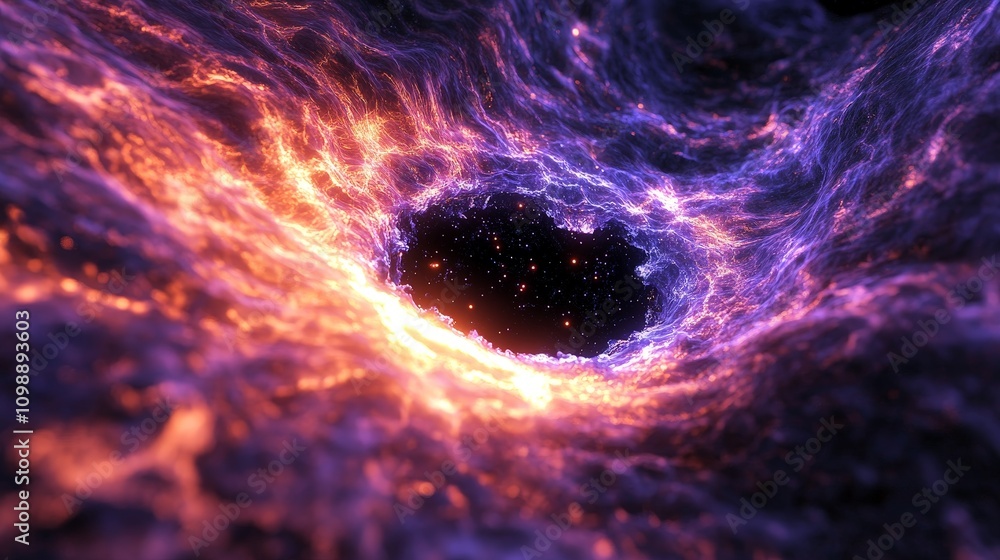 Poster a close-up of a computer model showing the hypothetical interaction between dark matter and black ho
