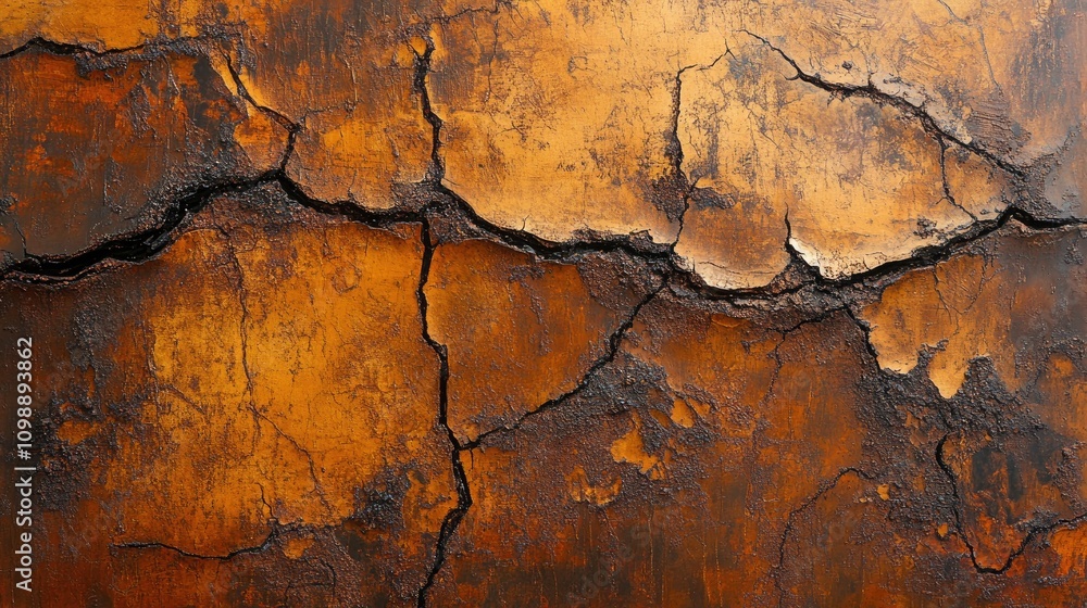 Poster abstract close-up of a weathered metal surface with deep cracks and rust in earthy colors, evoking a