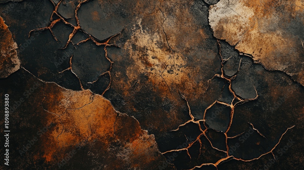 Poster abstract close-up of a weathered metal surface with deep cracks and rust in earthy colors, evoking a