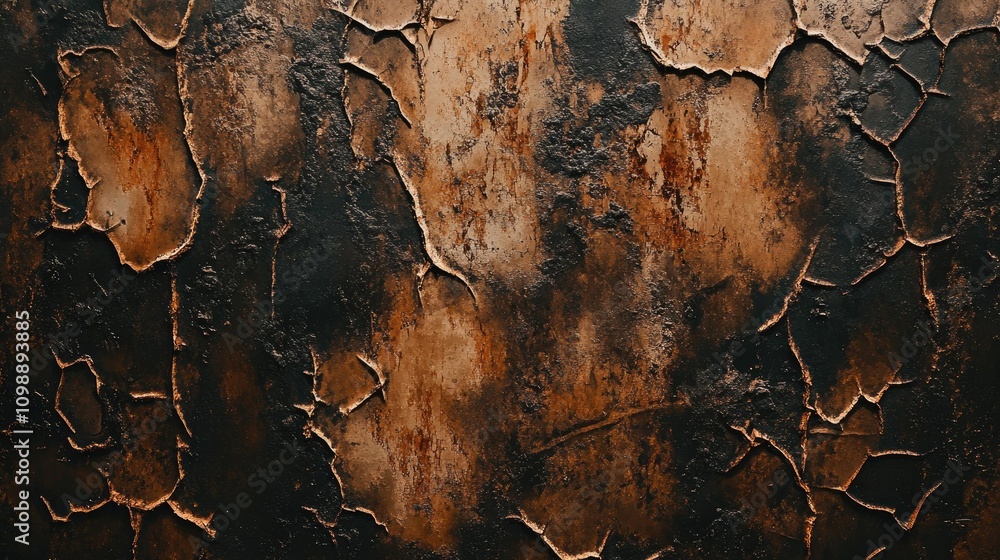 Poster abstract close-up of a weathered metal surface with deep cracks and rust in earthy colors, evoking a
