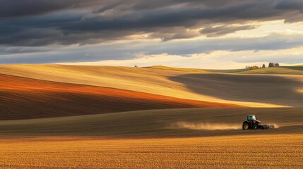 Agricultural tractor plowing a vast, golden autumn field at sunset, with the horizon bathed in warm sunlight, embodying rural farming life