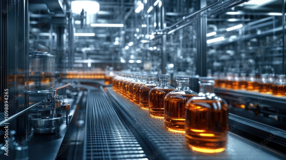 Poster automated bottling line at a large-scale liquor production plant, with glass bottles filled with spi
