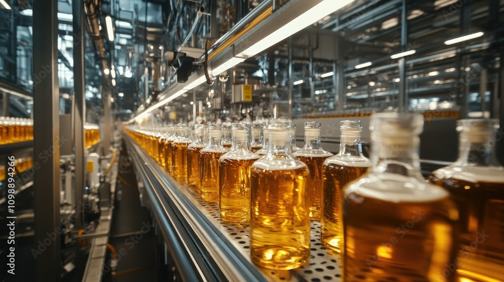 Poster Automated bottling line at a large-scale liquor production plant, with glass bottles filled with spirits like whiskey, vodka, and gin moving through the assembly process