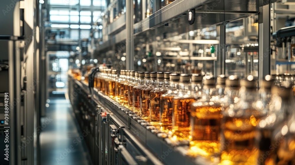 Poster Automated liquor bottling line in a large-scale industrial facility, with bottles of various spirits like gin and whiskey moving through the production process