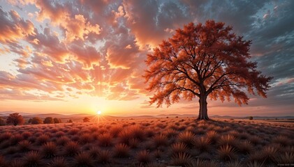 Lonely tree in the meadow at sunset