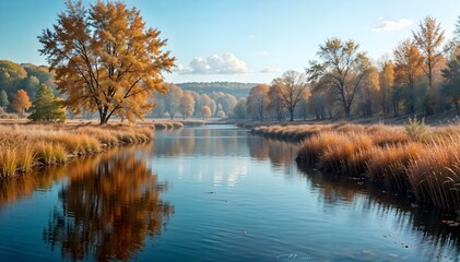 Obraz premium Autumn landscape with the image of the river and autumn trees.