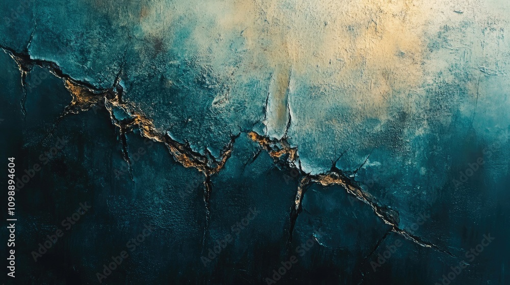 Poster close-up of a textured, distressed metal surface, featuring cracks, rust, and peeling layers, creati