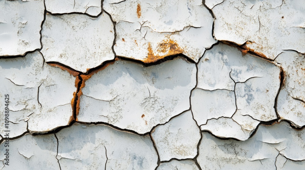 Poster close-up of a textured, distressed metal surface, featuring cracks, rust, and peeling layers, creati