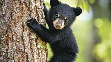 Curious black bear cub climbing a textured tree trunk in a vibrant forest, showing its inquisitive nature and playful demeanor.