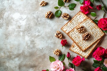 Fototapeta premium Traditional ritual Jewish bread on the background of old sand-colored concrete. Easter food. The Jewish holiday of Passover.
