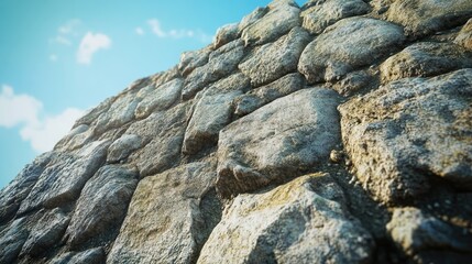 Close-up of an ancient fortress stone wall, showing rough cracked textures and erosion marks, with a bright blue sky backdrop, creating a timeless historical scene