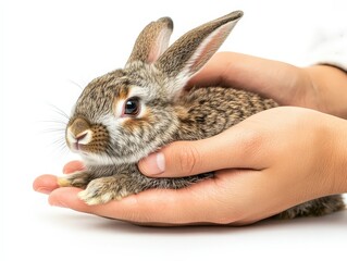 Naklejka premium A close-up of a prisoner gently stroking a therapy rabbit, showing tenderness and care, isolated on a white background