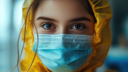Child in protective gear, focusing on dental care, with a blue mask and bright yellow hood emphasizing safety and hygiene in a clinical setting.