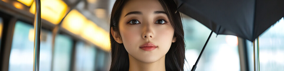 Fototapeta premium Japanese businesswoman using public transportation, holding an umbrella.