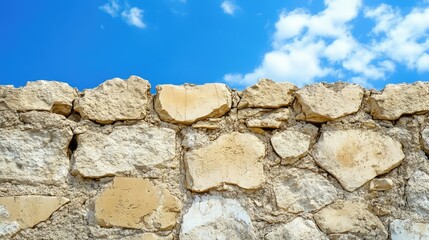 Crumbling stone wall of an ancient fortress with eroded surfaces and cracks, set against a brilliant blue sky, highlighting the passage of time and history