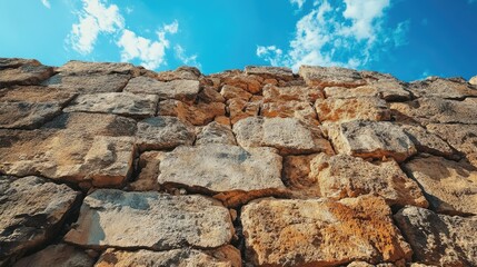 Crumbling stone wall of an ancient fortress with eroded surfaces and cracks, set against a brilliant blue sky, highlighting the passage of time and history