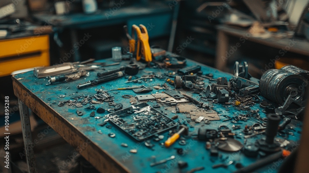 Poster a close-up of a repair workshop where broken items are being fixed using parts sourced from recycled