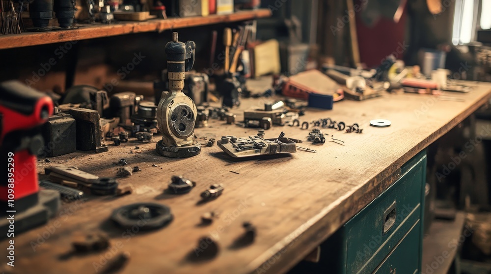 Poster a close-up of a repair workshop where broken items are being fixed using parts sourced from recycled