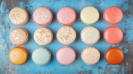 Obraz premium Vintage styled flat lay of colorful almond macarons arranged in neat rows on a textured blue background showcasing delightful pastel hues and textures.