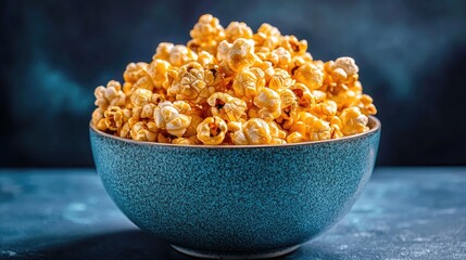 Bowl filled with golden caramel popcorn on a dark blue background, showcasing a tempting texture and shine of the sweet treat.