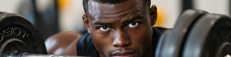 Fototapeta premium Young African American man working out at a gym, focused on lifting weights.
