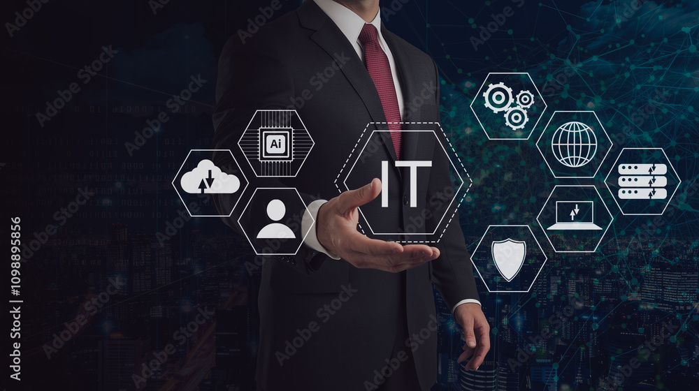 Poster it strategy and implementation: a professional demonstrates it solutions on a digital interface, hig