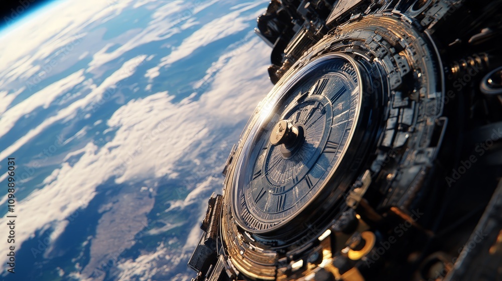 Poster a close-up of a spacecraft onboard clock showing significant time differences compared to earth due 