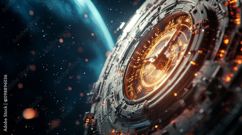 Poster a close-up of a spacecraft onboard clock showing significant time differences compared to earth due 