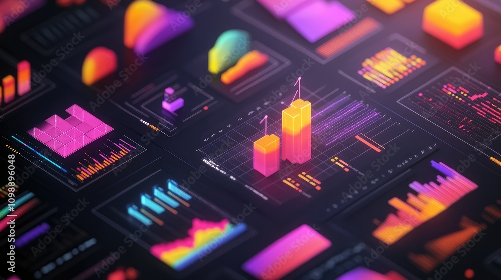 Poster Isometric 3D chart displaying data metrics, with colorful gradients and clean lines, showcasing the visual representation of complex digital information